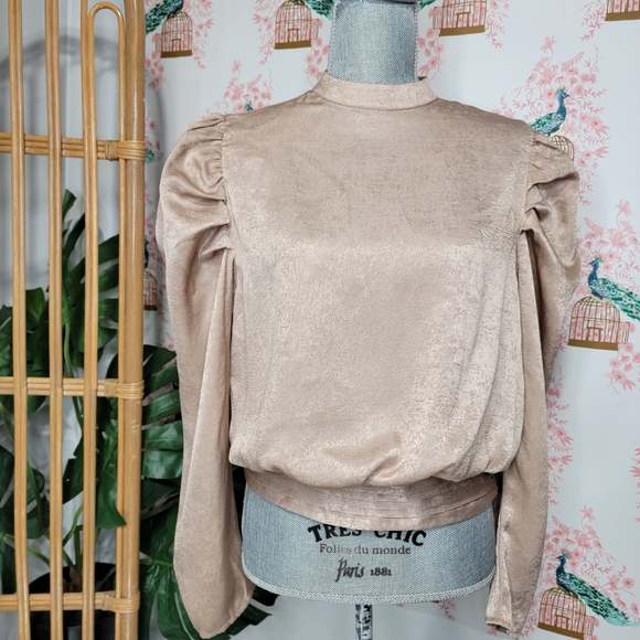 Flying Tomato Tops - A. Calin Flying Tomato Puff Long Sleeve High Neck Satin Top